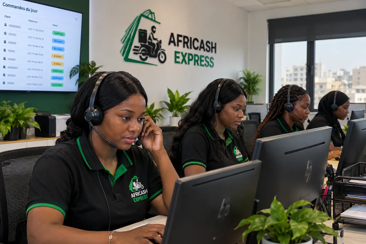 Des closeuses AFRICASH EXPRESS au bureau, casque sur les oreilles devant leurs ordinateurs, confirmant des commandes par téléphone.