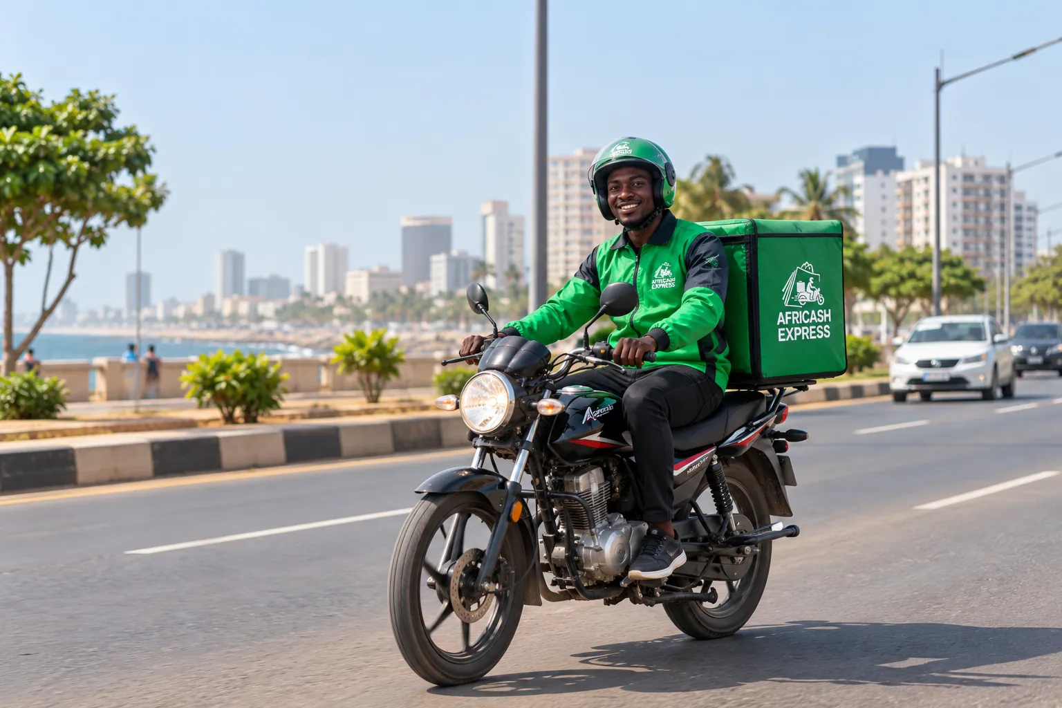 Un livreur AFRICASH EXPRESS souriant sur sa moto, son sac de livraison dans le dos, sur une avenue en bord de mer.